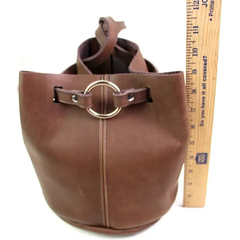 Mossbags BROWN GENUINE LEATHER DRAWSTRING SHOULDER BAG HANDBAG PURSE